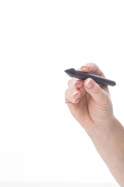 Mano Femminile Che Tiene Una Penna Nera Scrivere Qualcosa — Foto Stock