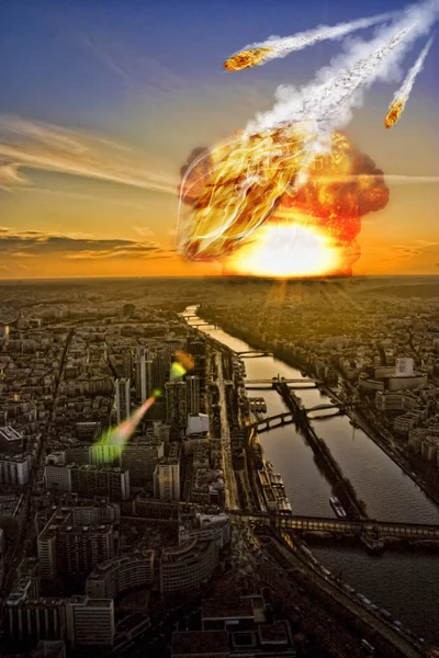 Meteoritenregen Zerstört Stadt Und Gebäude — Stockfoto