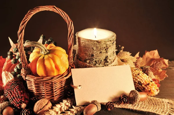 Small Pumpkin Basket Old Weathered Wooden Boards Candlelight Copy Space —  Fotos de Stock