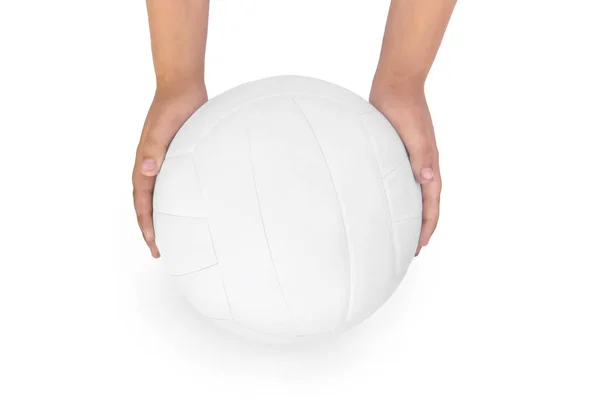Белый Волейбольный Мяч Руках Изолирован Белом Фоне — стоковое фото