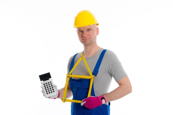 Werknemer Met Yardstick Huis Zak Calculator — Stockfoto