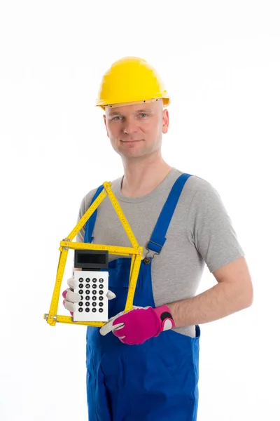 Werknemer Met Yardstick Huis Zak Calculator — Stockfoto