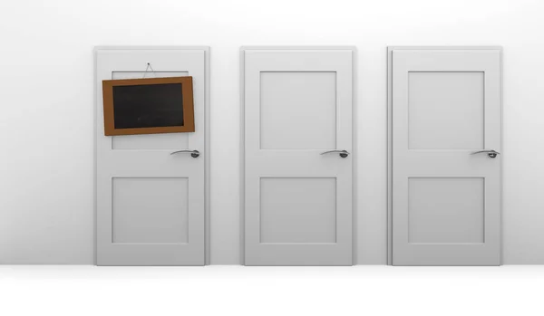 Três Portas Fechadas Uma Porta Com Quadro Negro Conceito — Fotografia de Stock