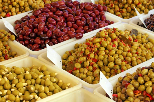 Placed Greek Olives Weekly Market — Stock Photo, Image