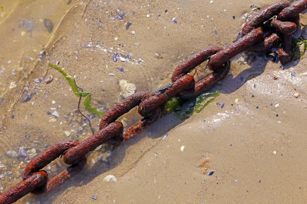 Rostige Eisenkette Sandstrand Diagonal — Stockfoto