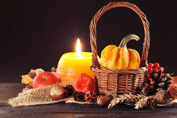 Small Pumpkin Basket Old Weathered Wooden Boards Candlelight — Stock Photo, Image