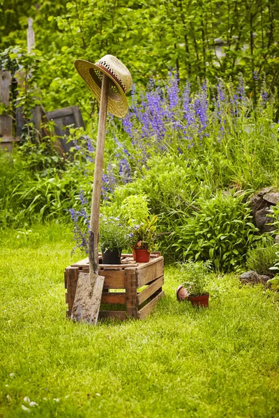 Zahradní Vybavení Strohutem Dřevěnou Bedýnkou Druhu — Stock fotografie