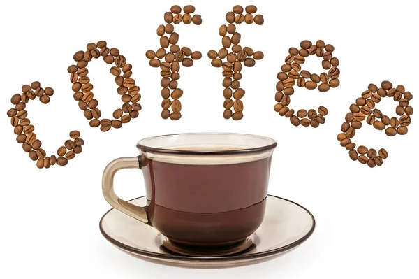 Wort Des Kaffees Aus Körnern Und Eine Tasse Kaffee Aus — Stockfoto