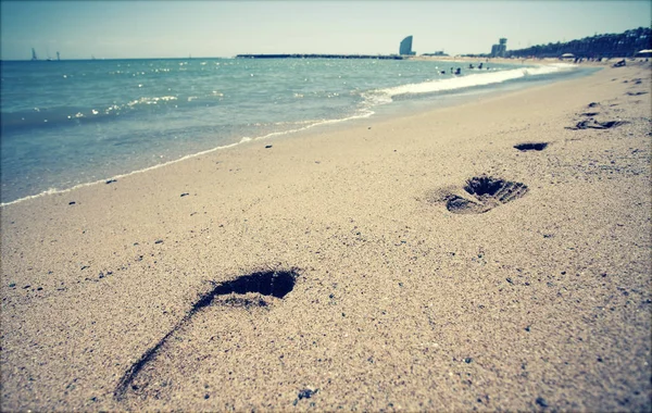 Footsteps Sand Beach Retro Styled Photo — Stock Photo, Image