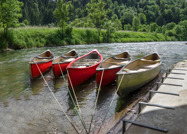 Five Tethered Canoes Lie Row Next Each Other River — Stock Photo, Image
