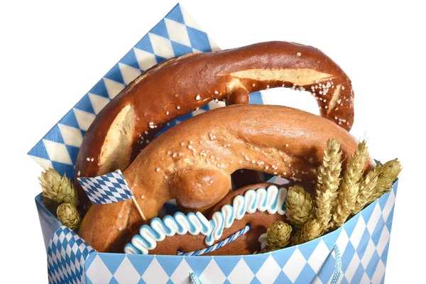 Bavarian Oktoberfest Paper Shopping Bag Lebkuchen Heart Pretzel Hops Wheat — Stock Photo, Image