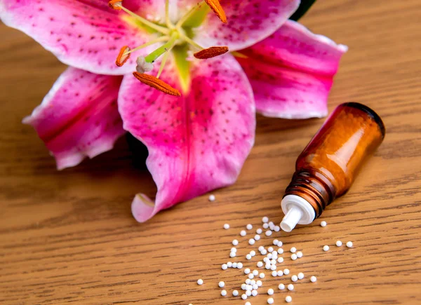Homeopatiska Glober Trã Mark Med Lillblom — Stockfoto
