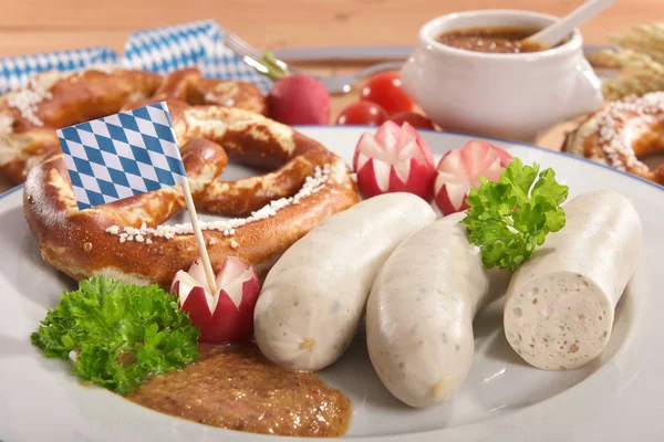 Petit Déjeuner Saucisse Blanche Avec Saucisses Bretzels Moutarde Sucrée Sur — Photo