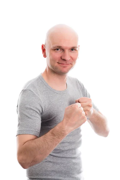 Funny Young Man Bald Head Fist Hands Grining Camera — Stock Photo, Image