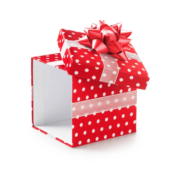 Відкрити Червону Подарункову Коробку Білими Крапками Стрічковим Бантом Святковий Подарунок — стокове фото