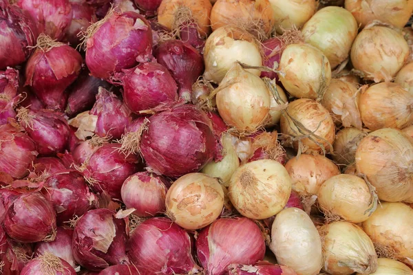 Variety Freshly Harvested Red White Onions Weekly Market — Stock Photo, Image