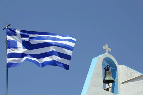 Drapeau Grec Agitant Dans Vent Outre Les Détails Une Petite — Photo