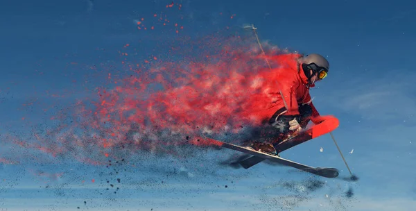 Conception Saut Skieur Montagne Hiver Neige Fraîche Journée Ensoleillée — Photo