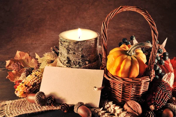 Small Pumpkin Basket Old Weathered Wooden Boards Candlelight Copy Space — Stockfoto