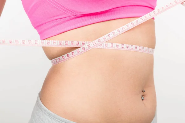 Young Woman Bait Hook Piercing Measures Her Waist Measuring Tape — Stock Photo, Image