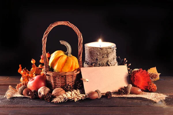 Small Pumpkin Basket Old Weathered Wooden Boards Candlelight Copy Space — Stockfoto