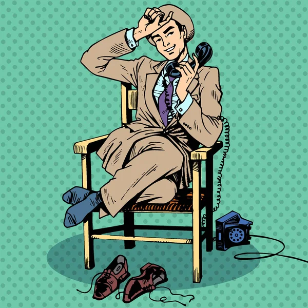 Κουρασμένος Κάθεται Μια Καρέκλα Και Μιλάει Στο Τηλέφωνο Επικοινωνία Τηλεφωνικής — Φωτογραφία Αρχείου