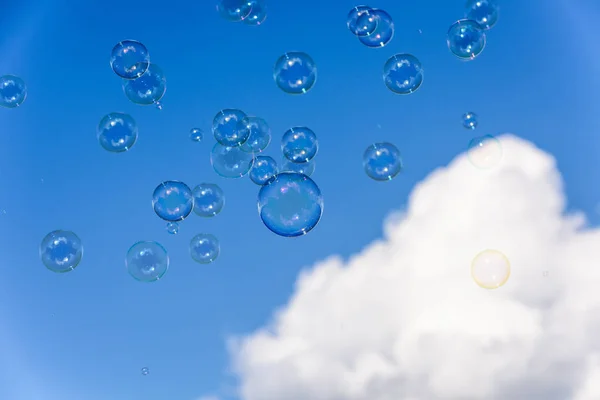 Montón Burbujas Jabón Volando Hacia Cielo Azul Oscuro — Foto de Stock