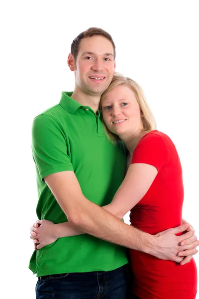 Young Couple Embrace Front White Background — Stock Photo, Image