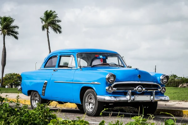 Küba Mavisi Klasik Araba Palmiye Ağaçlarının Altına Park Edilmiş — Stok fotoğraf