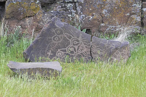 Native Anerican Indians Mythical Animals Petrogylph Rock Artwork Horsethief Lake — Stock Photo, Image