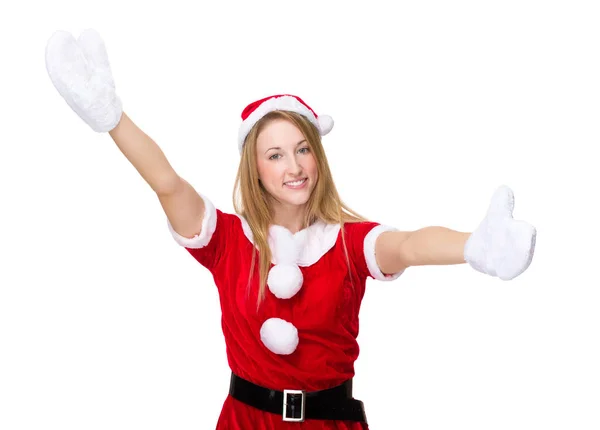 Mulher Feliz Com Vestido Natal Com Abraço Boas Vindas Para — Fotografia de Stock