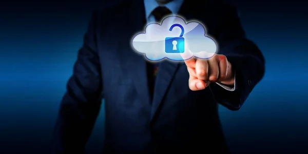 Torso Businessman Opening Virtual Padlock Cloud Touch Technology Metaphor Cloud — Stock Photo, Image