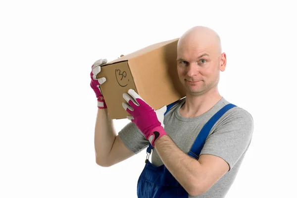 Jovem Com Cabeça Careca Papelão Frente Fundo Branco — Fotografia de Stock