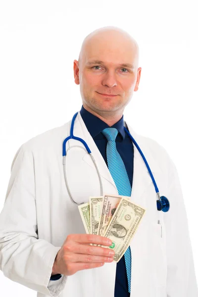 Freundliche Junge Ärztin Mit Geld Weißen Laborkittel — Stockfoto