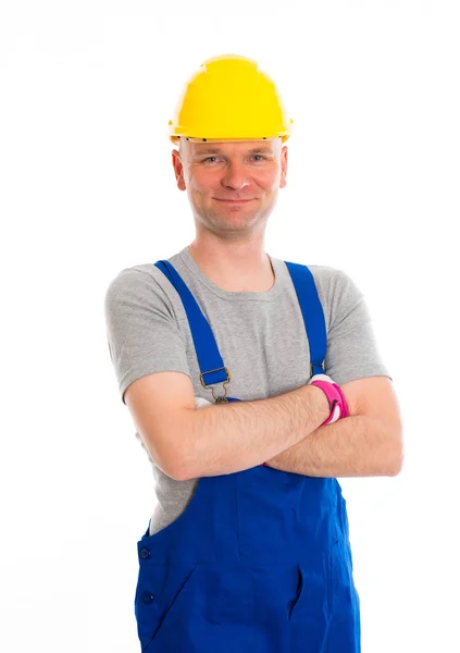 Young Workman Blue Dungarees Yellow Hard Top — Stock Photo, Image