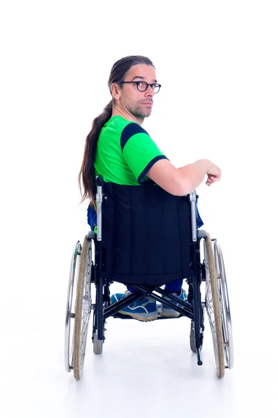 Young Man Glasses Wheelchair Front White Background Back — Stock Photo, Image