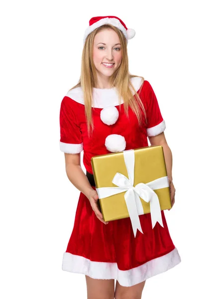 Woman Mas Costume Hold Big Gift Box — Stock Photo, Image