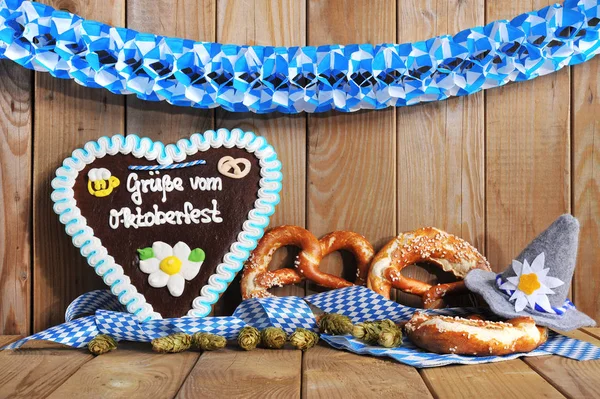 Original Bavarian Gingerbread Heart Gamsbart Pretzels Old Wooden Boards — Stock Photo, Image