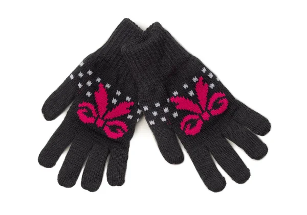 Pair Black Knitted Gloves Red Pattern Isolate White — Stock Photo, Image