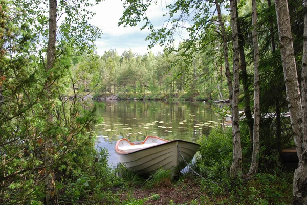 Amarrado Barco Remo Por Uma Baía Idílica Lago Nas Madeiras — Fotografia de Stock