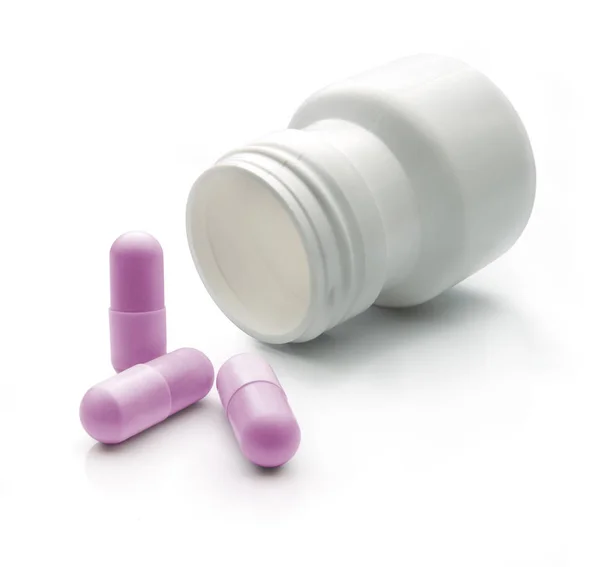 Růžové Pilulky Bílý Hrnec Bílém Pozadí Měkký Stín Měkké Světlo — Stock fotografie