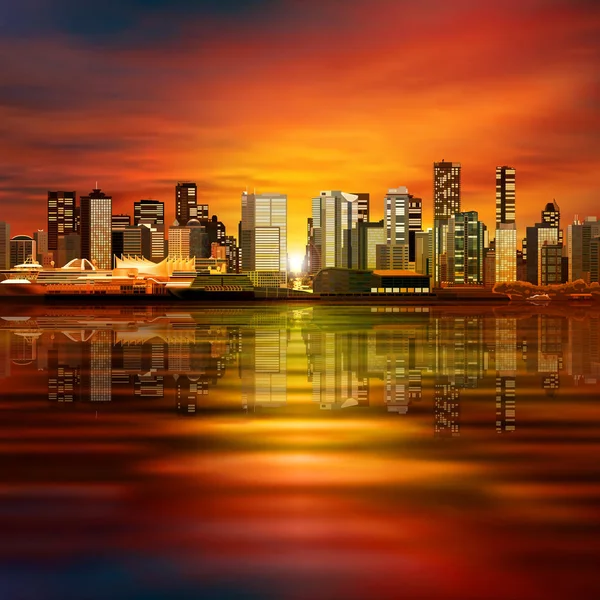 Resumo Vetor Primavera Vermelho Noite Ilustração Com Panorama Cidade — Fotografia de Stock