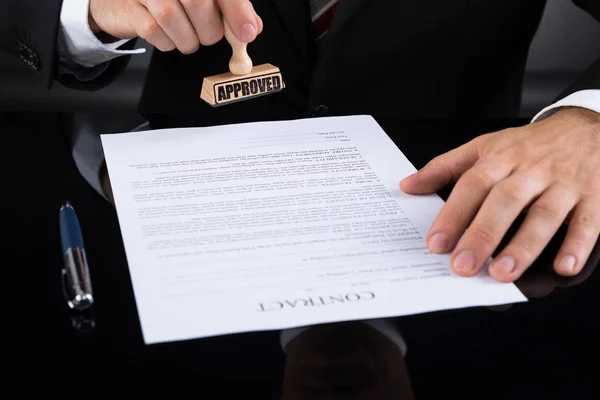 Close Businessperson Approving Contract Paper Stamper — Stock Photo, Image