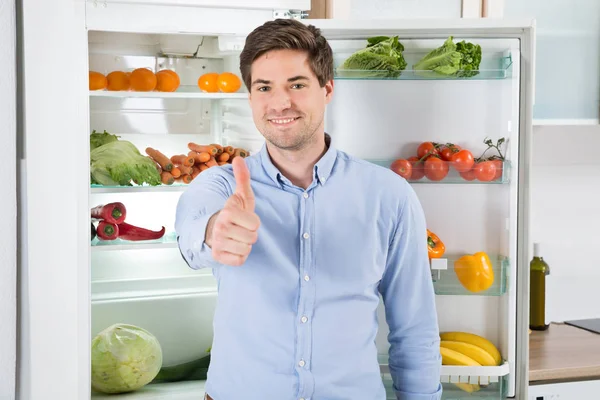 Portrait Handsome Man Armcrossed Standing Front Open Fridge — Stock Photo, Image