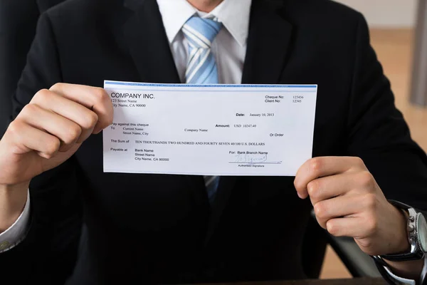 Close Businessman Showing Signed Cheque Office — Stock Photo, Image