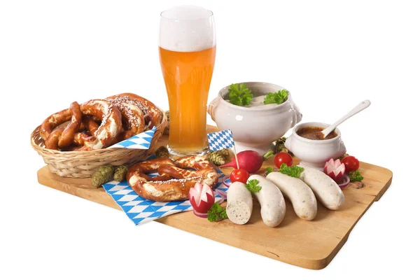 White Sausage Breakfast Sausages Pretzels White Beer Sweet Mustard Wooden — Stock Photo, Image