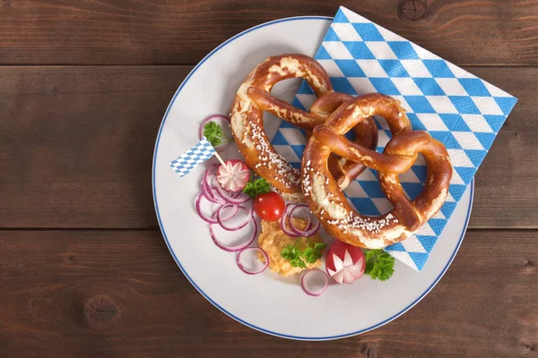 Bavarian Vegetarian Breakfast Two Breads Obazda Plates Wooden Boards — Stock Photo, Image