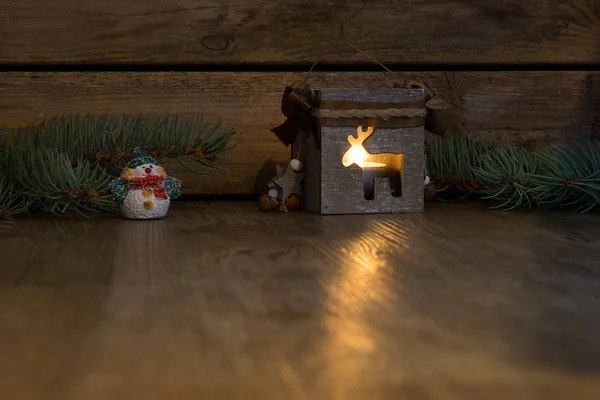 Décoration Noël Sur Une Assiette Bois Avec Bougie — Photo