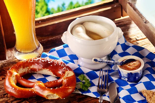 Traditional Bavarian Tavern Cuisine Tasty Midday Snack White Veal Sausages — Stock Photo, Image