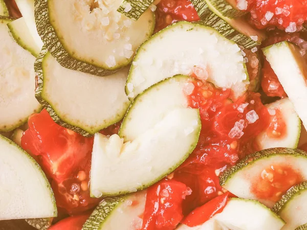 Vintage Ser Courgettes Grönsaker Med Tomatsås Användbar Som Bakgrund — Stockfoto